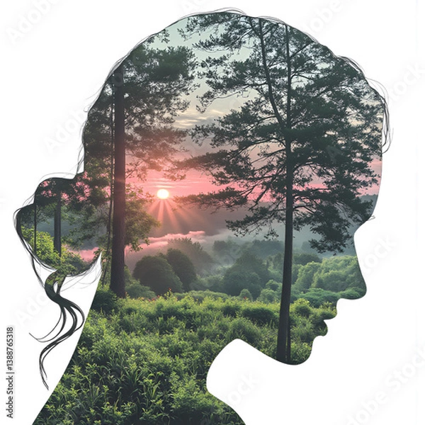 Obraz Double exposure art of a woman's silhouette blending with a serene forest landscape at sunrise, symbolizing nature, mindfulness, and inner peace

