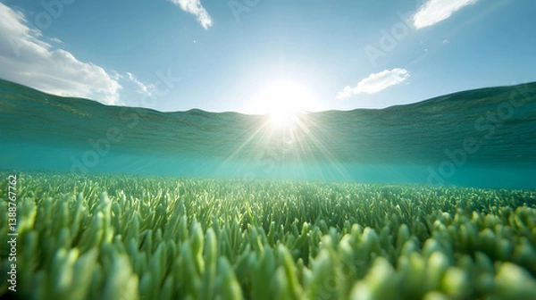 Fototapeta Vibrant Green Seaweed Underwater in Bright Sunlight
