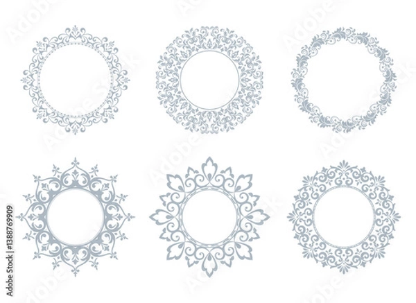 Fototapeta Set of decorative frames Elegant vector element for design in Eastern style, place for text. Floral gray and white borders. Lace illustration for invitations and greeting cards