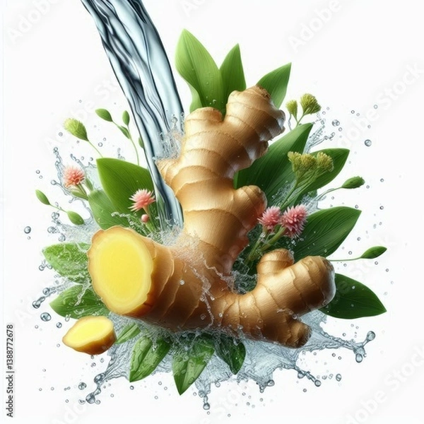 Obraz Invigorating ginger root adorned with florals and a cascade of fresh water