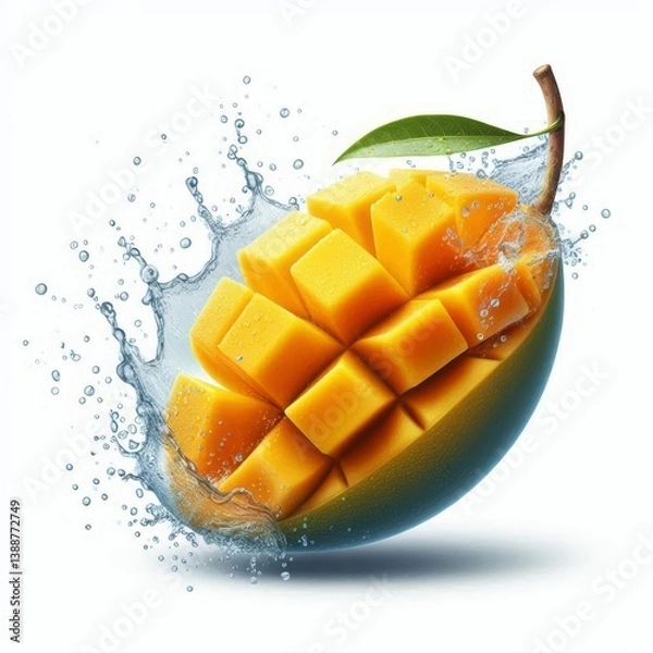 Obraz Invigorating Splash on Diced Mango Delight with Refreshing Water Droplets in Studio Shot