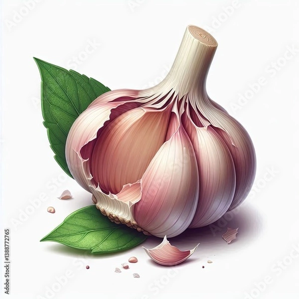 Obraz Isolated artistic garlic bulb with clove pieces and fresh leaf rendering
