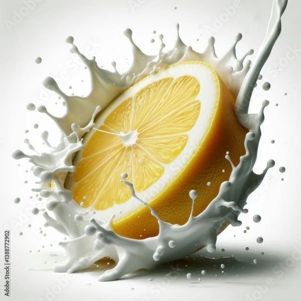 Obraz Invigorating citrus surge: A juicy lemon slice meets a refreshing milky cascade