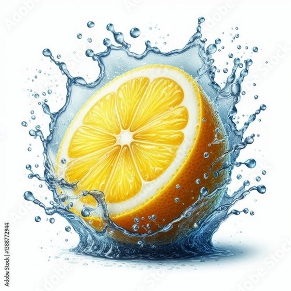 Fototapeta Invigorating Citrus Burst: Half Lemon Embraced by a Refreshing Water Splash effect