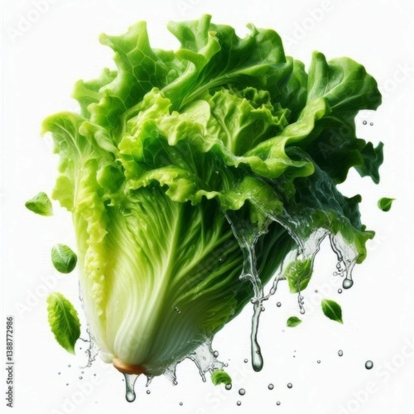 Obraz Crisp freshness: Romaine lettuce gets a refreshing water splash on white backdrop