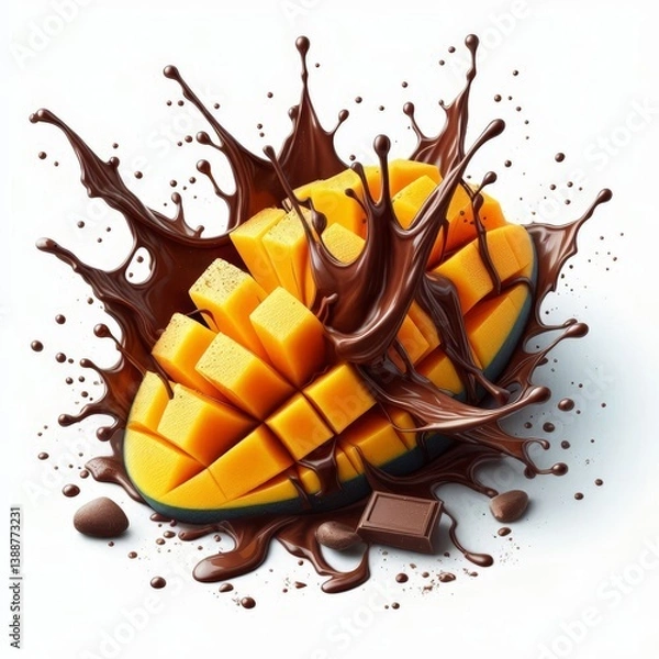 Fototapeta Exotic indulgence: Sliced mango surrounded by a delicious chocolate splash effect