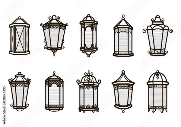 Fototapeta Wektor zestaw vintage latarnia na białym tle. Klasyczne antyczne światło. Starożytny projekt lampy retro. Tradycyjna sylwetka. Stary projekt graficzny obiektu. Elegancka kolekcja.