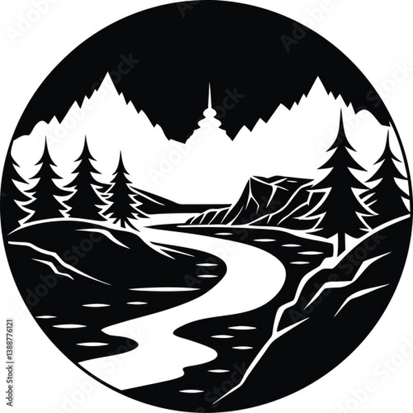 Obraz river black and white silhouette vector design