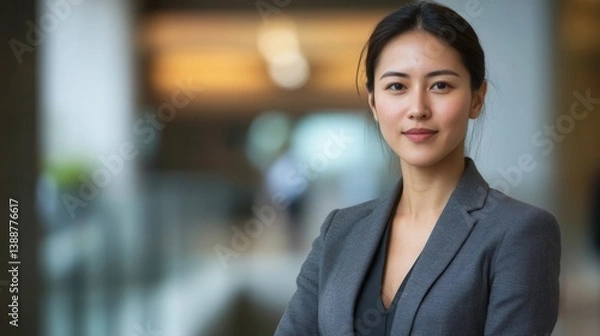 Fototapeta A diplomat in a charcoal gray blazer with an open expression and intentional posture presents a sense of openness while the gently blurred wall texture behind them hints at a modern