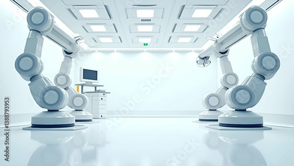 Obraz Futuristic Minimalist Flat Wallpaper Design Featuring Surgical Robot Systems in Expansive Space: Advanced Medical Robotics & Minimally Invasive Technology Illustration