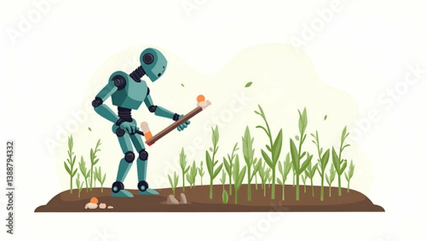 Fototapeta Revolutionizing Farming: Flat Agricultural Robotics for Efficient Planting, Harvesting, and Crop Monitoring - A Cute Vector Illustration of Modern Sustainability