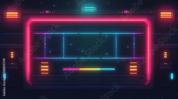 Fototapeta Pixelated retro interface with neon glows and a dark futuristic vibe