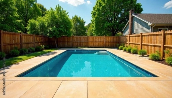 Fototapeta New rectangular pool, tan concrete deck, fenced backyard, lifestyle, fence
