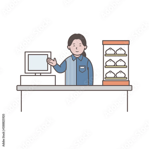 Obraz レジで働く女性コンビニ店員のイラスト