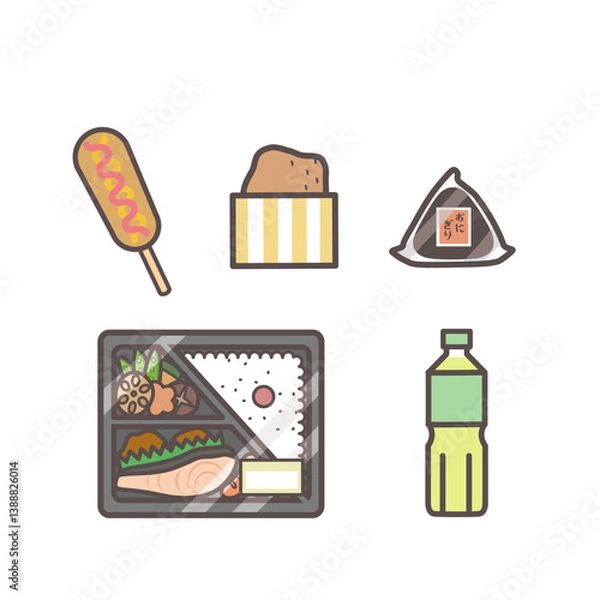 Fototapeta コンビニ・スーパーの商品 お弁当、おにぎり、飲み物、チキン、フランクフルト