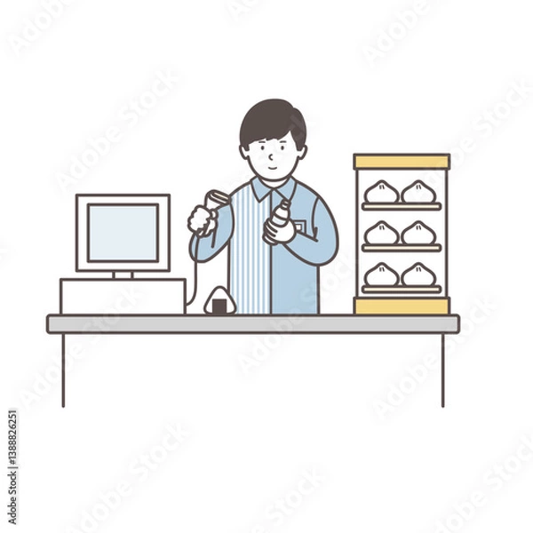 Obraz レジで働く男性コンビニ店員のイラスト