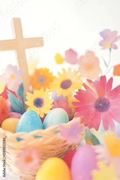 Obraz Colorful Easter eggs in wicker basket surrounded by flowers with wooden cross in background. Easter celebration and springtime holidays. Design for greeting card, invitation, postcard, banner.