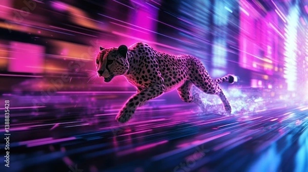 Fototapeta Cheetah Running Fast with Motion Blur and Neon Glowing Trails