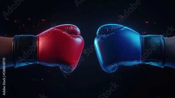 Fototapeta Boxing gloves clash in dramatic showdown, one red and one blue, symbolizing competition and intensity. contrasting colors highlight energy of sport