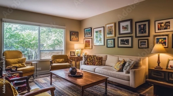 Obraz A cozy living room filled with furnishings and artwork displayed