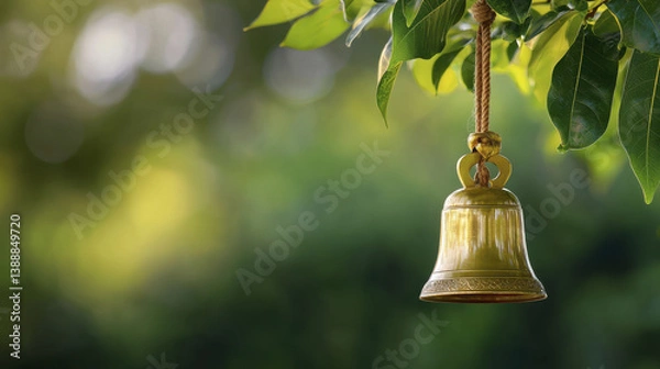 Obraz beautiful brass bell hanging from tree branch surrounded by lush green leaves, creating serene and peaceful atmosphere