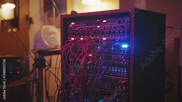 Fototapeta A modular synthesizer with many cables, knobs, and lights in a dark room