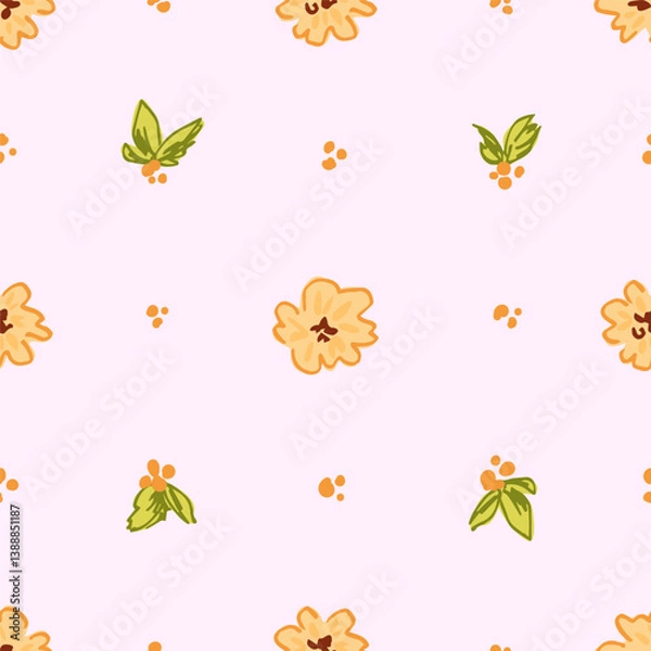 Fototapeta Simple floral vector seamless pattern. Orange flowers on light pink background. For fabric prints, textile products, linen clothes, bed linen.