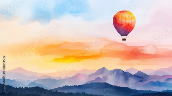 Fototapeta vibrant hot air balloon floats above majestic mountains during stunning sunset, creating serene and picturesque landscape