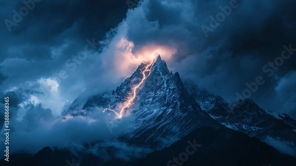 Obraz Lightning strikes snowy peak, dramatic cloudscape, nighttime mountain range, power concept