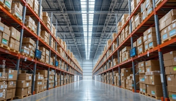 Fototapeta A sustainable warehouse design with solar panels on the ceiling, recyclable cardboard packaging, green labels, and minimal plastic use, with digital tracking screens mounted near each aisle