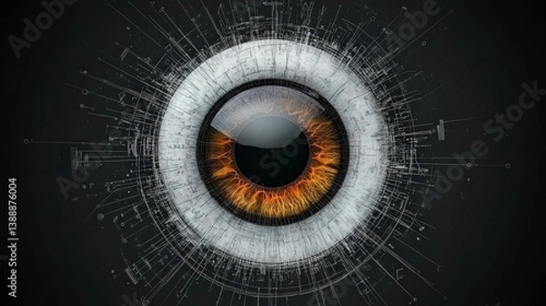 Fototapeta Eye of Innovation: A hyperrealistic gaze captures the essence of human vision, accentuated by intricate digital networks, symbolizing a fusion of the biological and the technological.