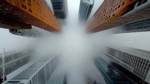 Fototapeta Skyward Gaze: A mesmerizing, worm's-eye view captures skyscrapers piercing through the mist, creating a scene of urban grandeur and atmospheric wonder.