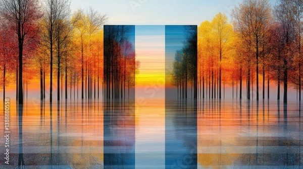 Fototapeta Abstract Autumnal Panorama: An abstract perspective on an autumn scene featuring vibrant trees and a central geometric shape reflecting in the water.