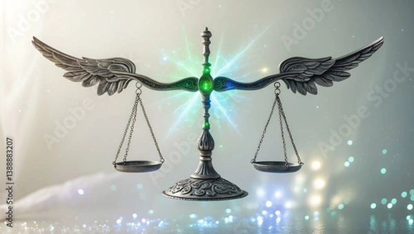 Fototapeta Manifest A delicate, ornate floating balance scale with intricately carved wings on either side, suspending in mid-air (2)