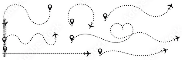 Fototapeta Path travel dotted line trip dashed trace destination track plan and silhouette, travelling symbol vector illustration .EPS 10 . 