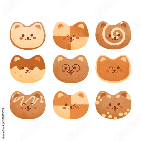 Fototapeta Cat shaped cookies illustration with various expression. Hand drawn cartoon watercolor style. Vector illustration perfect for sticker, card, social media