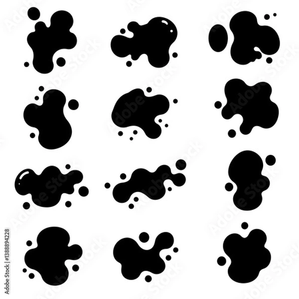 Fototapeta Black ink splatters create abstract designs perfect for graphic elements or backgrounds on white canvas