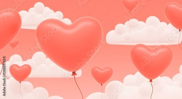 Fototapeta Coral Heart Balloons: Dreamy 3D Render AI Generated