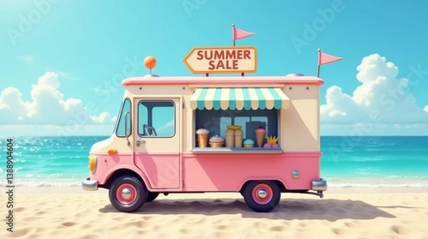 Fototapeta Ice cream truck summer sale on the beach vibrant scene fun environment bright daylight relaxing vibes