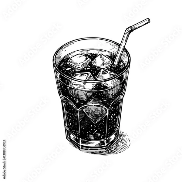 Fototapeta Sketch illustration of cola glass black and white refreshing soda drink [with copy space]
