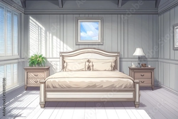 Fototapeta A Well Lit Bedroom Displaying Comfortable Furniture and Decorations