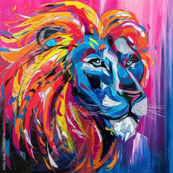 Fototapeta A vibrant and colorful lion head painting in an abstract style, featuring bold brushstrokes and a mix of warm and cool tones, perfect for modern art lovers and creative decor. 