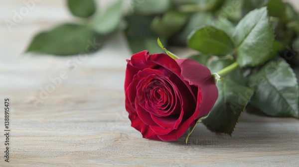 Fototapeta close up of red rose on wooden surface, showcasing its delicate petals and vibrant color