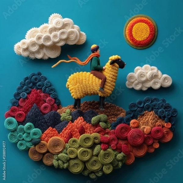 Fototapeta Person riding a sheep in a pastoral setting surrounded by green fields and a bright blue sky with fluffy clouds