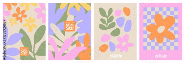 Obraz Creative concept of spring summer cards set with abstract leaves, plants, flowers. Modern art minimalist style design templates for celebration, ads, branding, banner, cover, label, poster, print