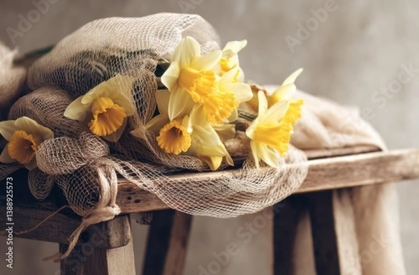 Obraz Bright and cheerful daffodils arranged on a wooden chair creating a beautiful spring vibe and natural aesthetic