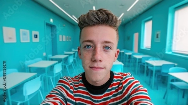 Obraz Stylish young man in a striped shirt posing in a classroom setting with a bright smile and engaging personality