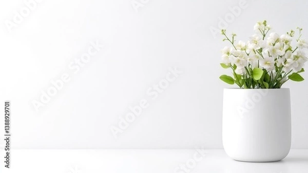 Obraz White Flowers in Modern Pot Minimalist Style High-Resolution Bright Lighting Wide Landscape View Simple Composition Peaceful Serenity White Background Clean Aesthetic Home Decor