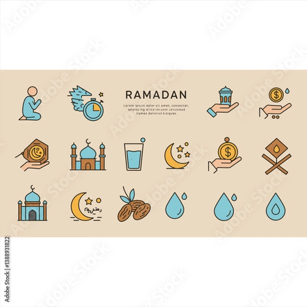 Fototapeta Ramadan Kareem Icons in Modern Vector Style