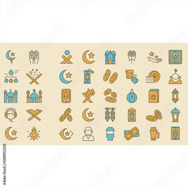 Fototapeta Mosque and Crescent Line Icons in Vector